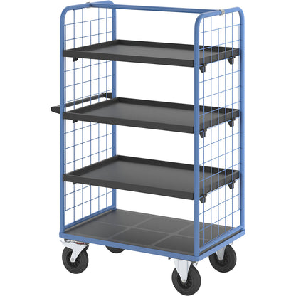Shelf truck with mesh side panels, solid rubber tyres, platform 975 x 700 mm, 4 levels, with rim.