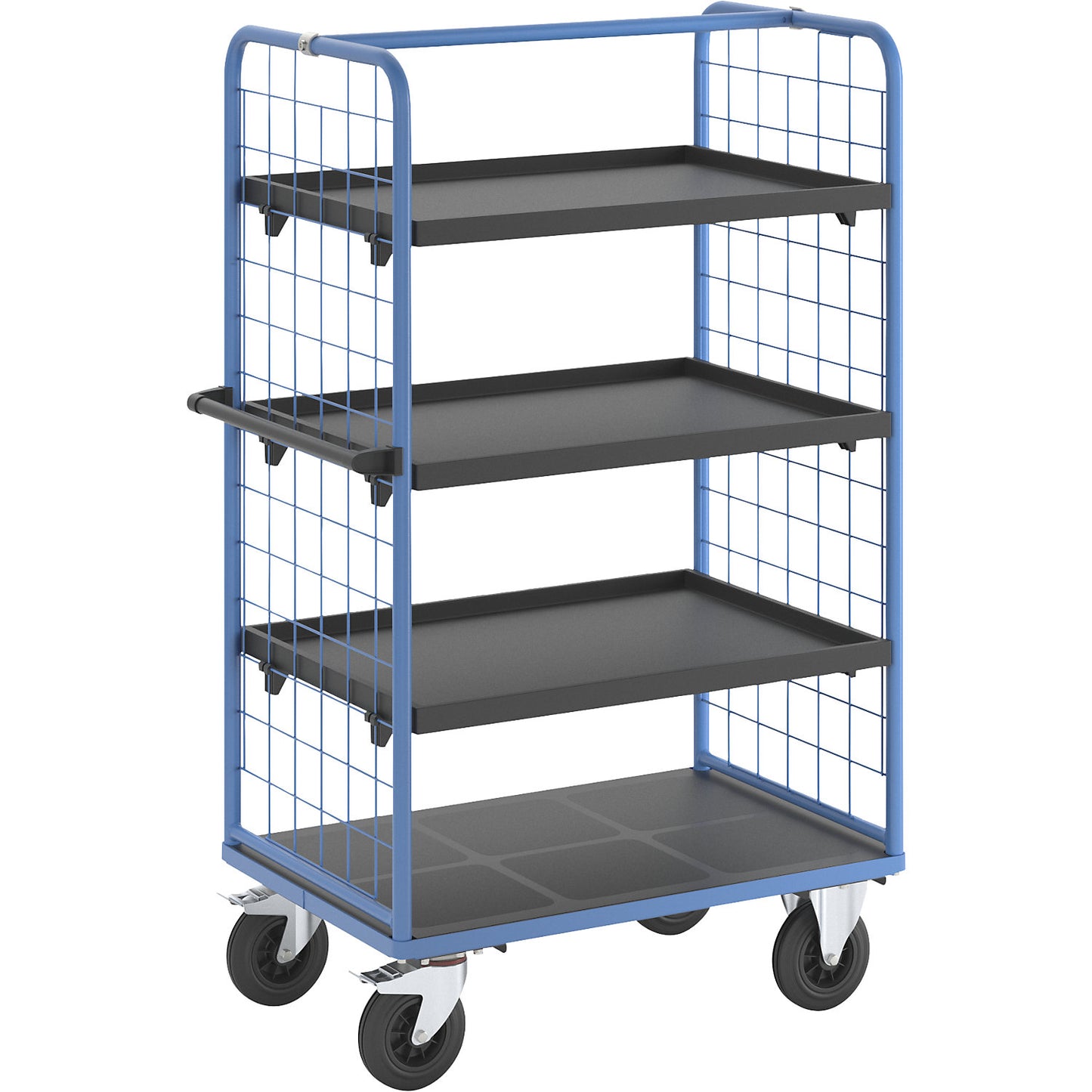 Shelf truck with mesh side panels, solid rubber tyres, platform 975 x 700 mm, 4 levels, with rim.