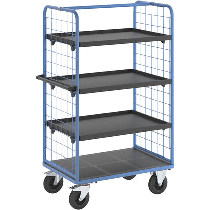Shelf truck with mesh side panels, solid rubber tyres, platform 975 x 700 mm, 4 levels, with rim.