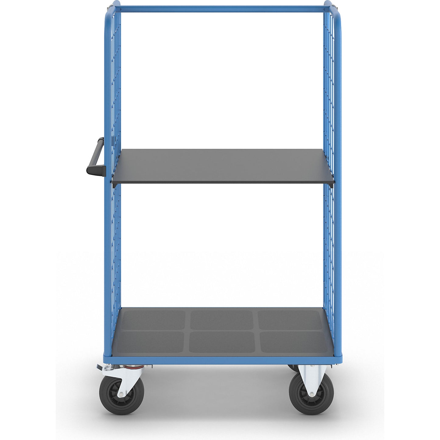 Shelf truck with mesh side panels, solid rubber tyres, platform 975 x 700 mm, 2 levels.