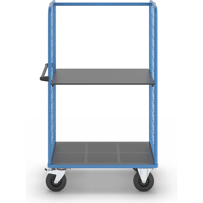 Shelf truck with mesh side panels, solid rubber tyres, platform 975 x 700 mm, 2 levels.