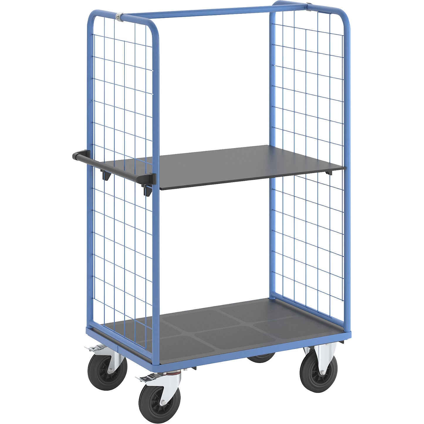 Shelf truck with mesh side panels, solid rubber tyres, platform 975 x 700 mm, 2 levels.