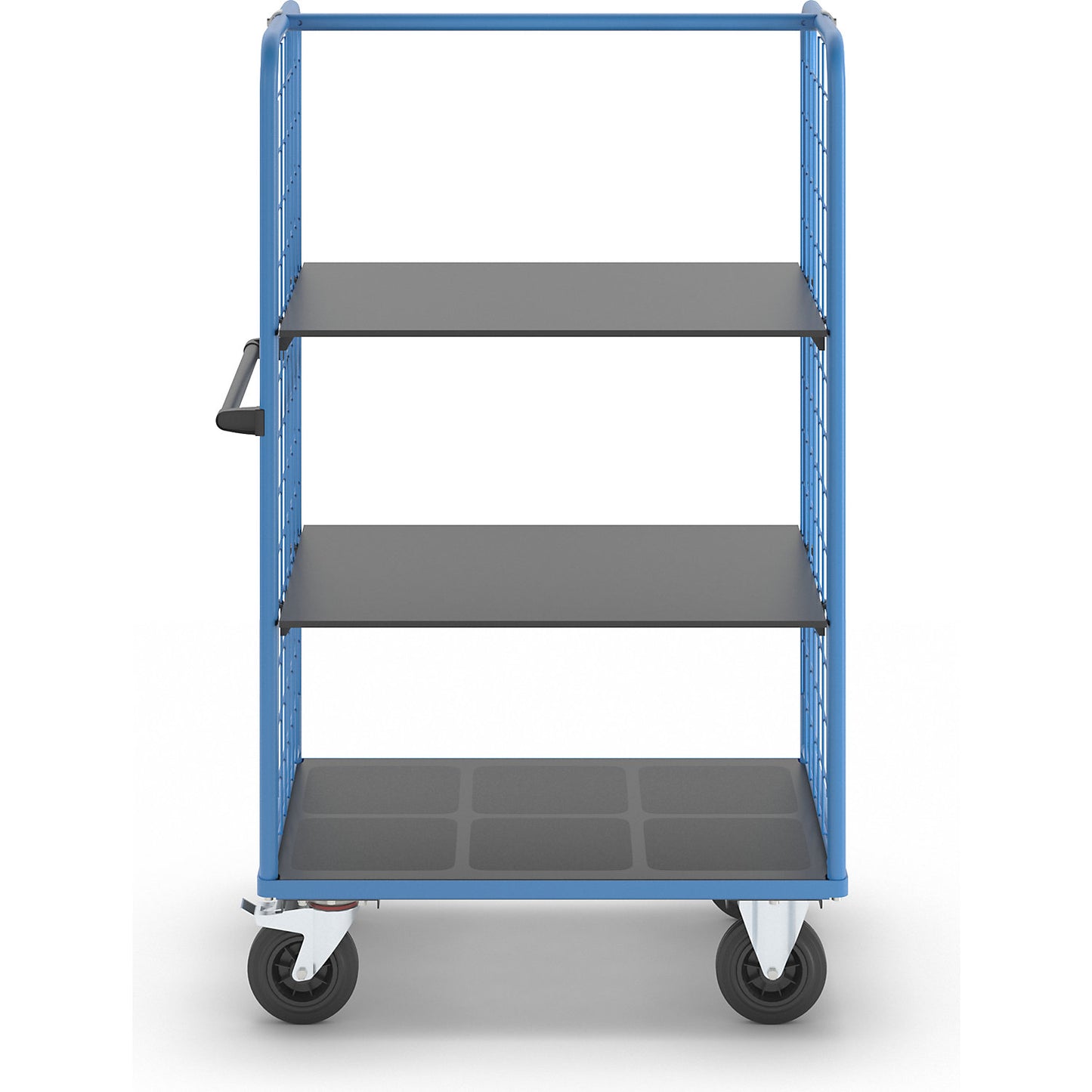 Shelf truck with mesh side panels, solid rubber tyres, platform 975 x 700 mm, 3 levels.
