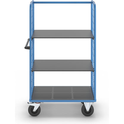 Shelf truck with mesh side panels, solid rubber tyres, platform 975 x 700 mm, 3 levels.