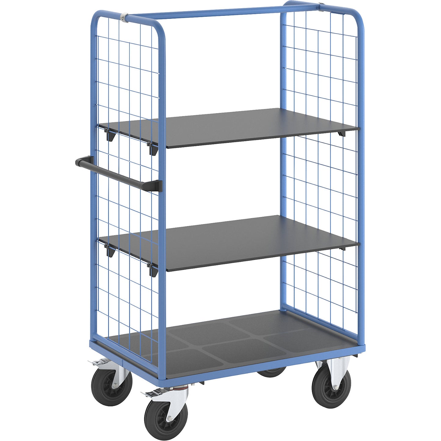 Shelf truck with mesh side panels, solid rubber tyres, platform 975 x 700 mm, 3 levels.