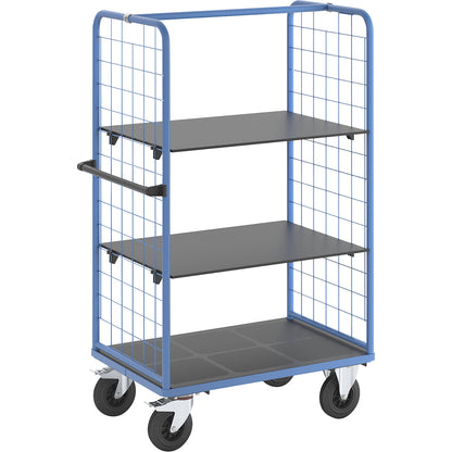 Shelf truck with mesh side panels, solid rubber tyres, platform 975 x 700 mm, 3 levels.