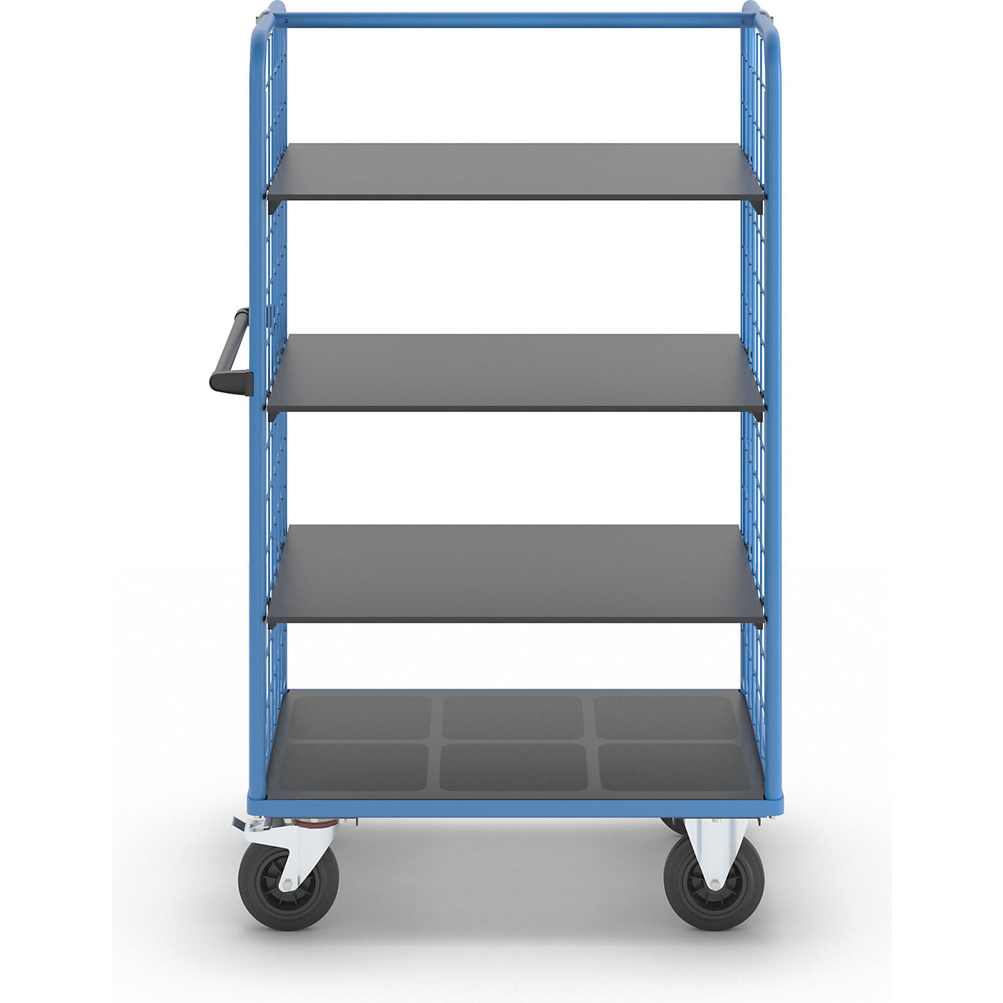 Shelf truck with mesh side panels, solid rubber tyres, platform 975 x 700 mm, 4 levels.