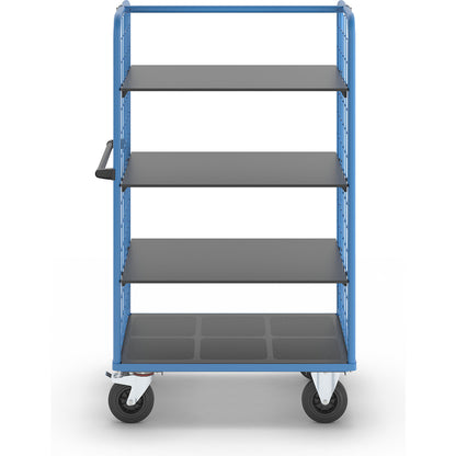 Shelf truck with mesh side panels, solid rubber tyres, platform 975 x 700 mm, 4 levels.