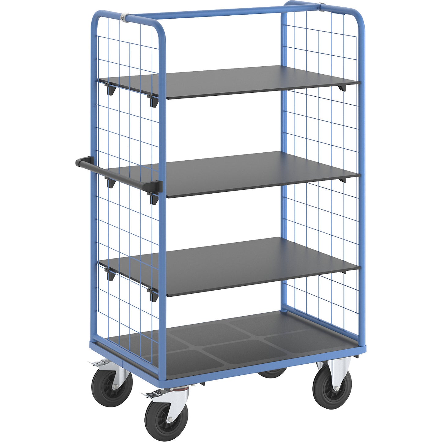 Shelf truck with mesh side panels, solid rubber tyres, platform 975 x 700 mm, 4 levels.