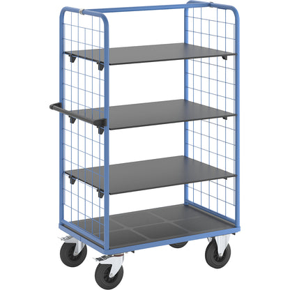Shelf truck with mesh side panels, solid rubber tyres, platform 975 x 700 mm, 4 levels.