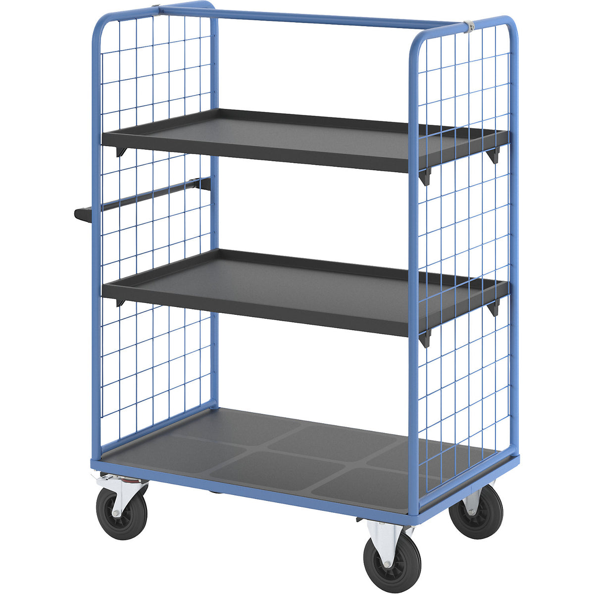 Shelf truck with mesh side panels, solid rubber tyres, platform 1175 x 800 mm, 3 levels, with edge.