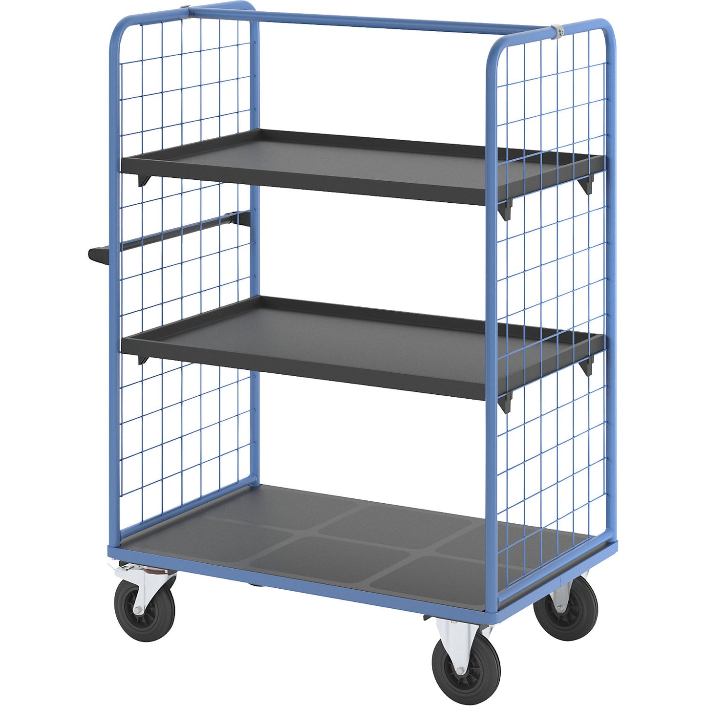 Shelf truck with mesh side panels, solid rubber tyres, platform 1175 x 800 mm, 3 levels, with edge.