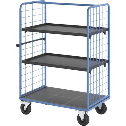 Shelf truck with mesh side panels, solid rubber tyres, platform 1175 x 800 mm, 3 levels, with edge.