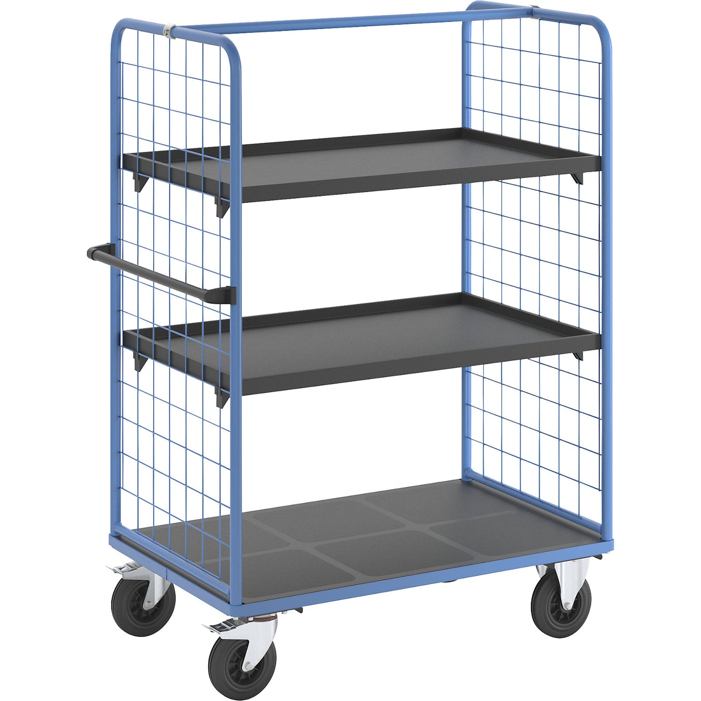 Shelf truck with mesh side panels, solid rubber tyres, platform 1175 x 800 mm, 3 levels, with edge.
