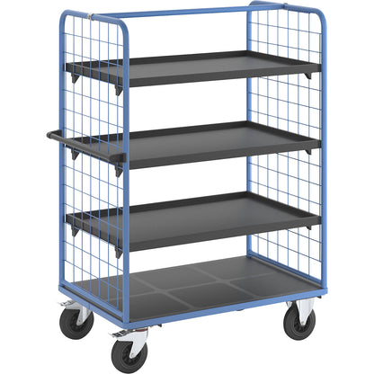 Shelf truck with mesh side panels, solid rubber tyres, platform 1175 x 800 mm, 4 levels, with edge.