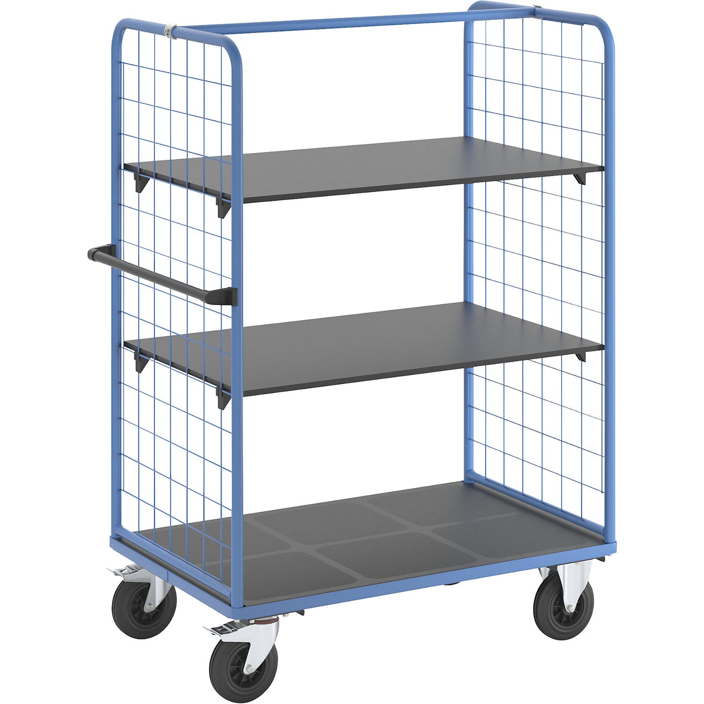 Shelf truck with mesh side panels, solid rubber tyres, platform 1175 x 800 mm, 3 levels.