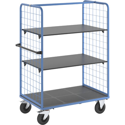 Shelf truck with mesh side panels, solid rubber tyres, platform 1175 x 800 mm, 3 levels.