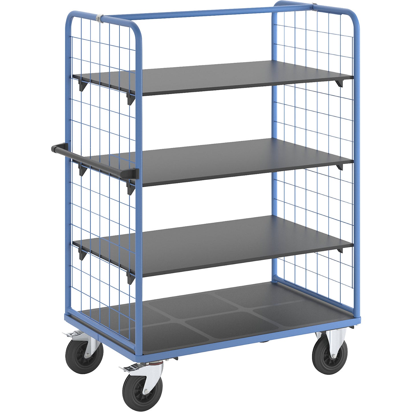 Shelf truck with mesh side panels, solid rubber tyres, platform 1175 x 800 mm, 4 levels.