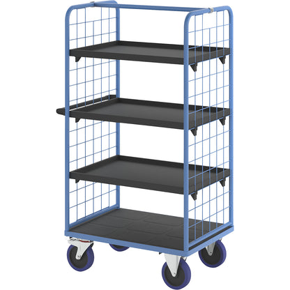 Shelf truck, with mesh panels on two sides, platform LxW 975 x 700 mm, 4 levels, with rim.