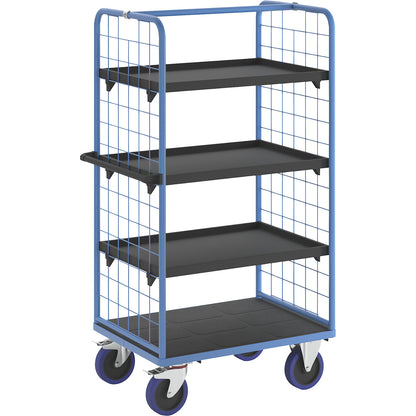 Shelf truck, with mesh panels on two sides, platform LxW 975 x 700 mm, 4 levels, with rim.