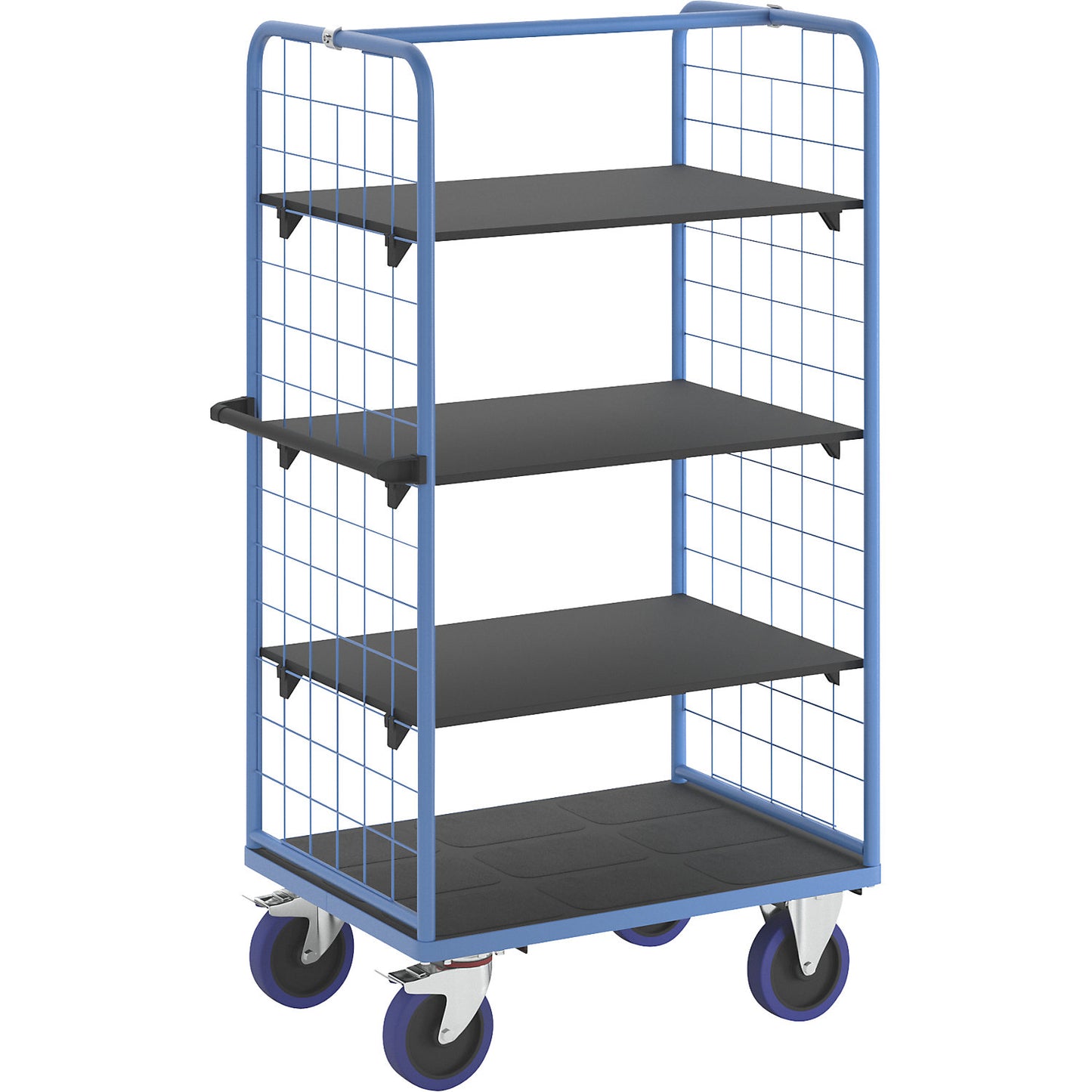Shelf truck, with mesh panels on two sides, platform LxW 975 x 700 mm, 4 levels.