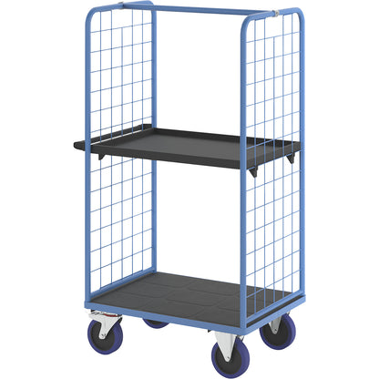 Shelf truck, with mesh panels on two sides, platform LxW 975 x 700 mm, 2 levels, with edge.