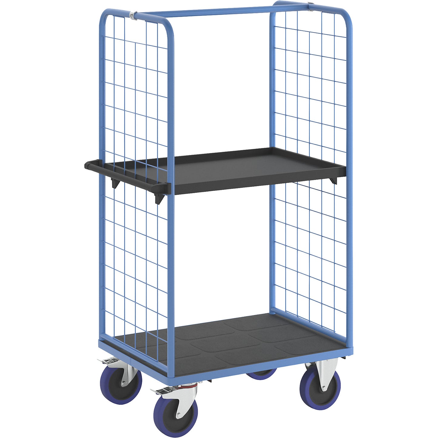 Shelf truck, with mesh panels on two sides, platform LxW 975 x 700 mm, 2 levels, with edge.