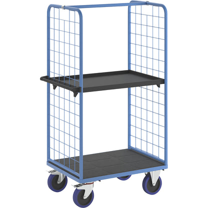Shelf truck, with mesh panels on two sides, platform LxW 975 x 700 mm, 2 levels, with edge.