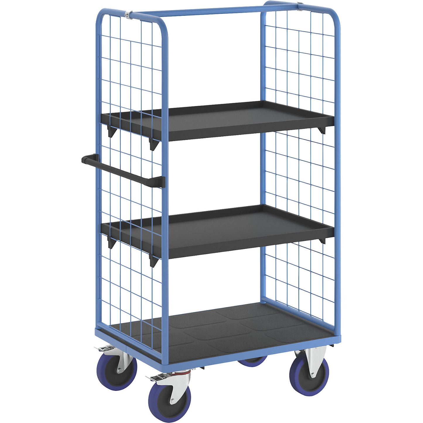 Shelf truck, with mesh panels on two sides, platform LxW 975 x 700 mm, 3 levels, with edge.