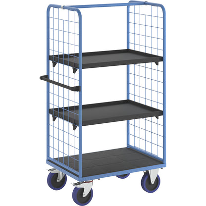 Shelf truck, with mesh panels on two sides, platform LxW 975 x 700 mm, 3 levels, with edge.