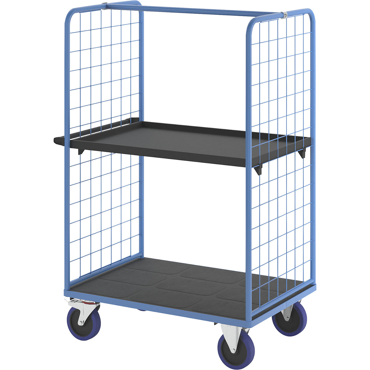 Shelf truck, with mesh panels on two sides, platform LxW 1175 x 800 mm, 2 levels, with rim.