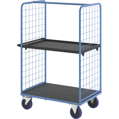 Shelf truck, with mesh panels on two sides, platform LxW 1175 x 800 mm, 2 levels, with rim.