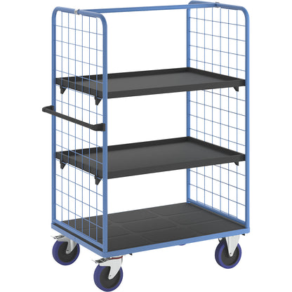 Shelf truck, with mesh panels on two sides, platform LxW 1175 x 800 mm, 3 levels, with rim.