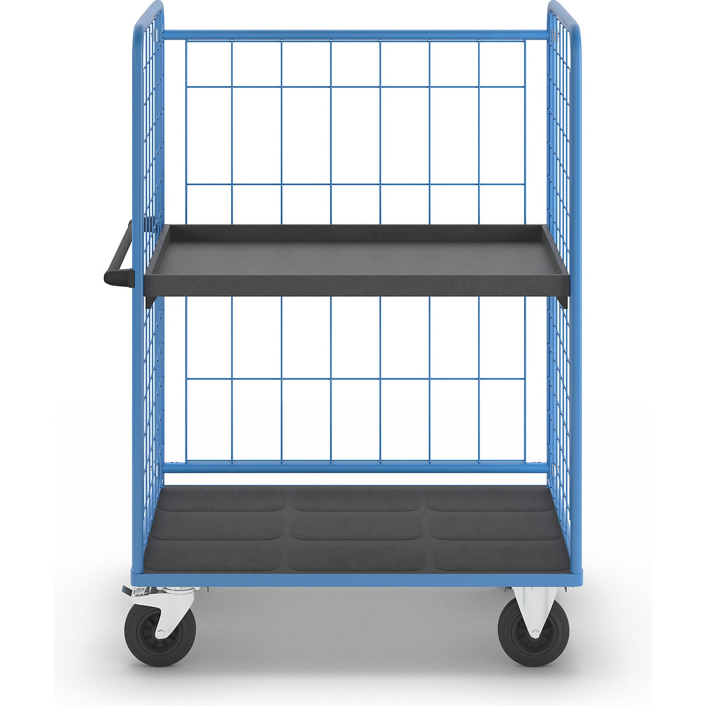 Shelf truck, wire mesh on three sides, max. load 500 kg, solid rubber tyres, platform LxW 1175 x 755 mm, 2 levels, with rim.