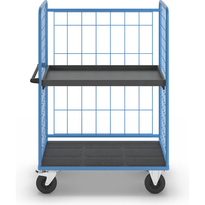 Shelf truck, wire mesh on three sides, max. load 500 kg, solid rubber tyres, platform LxW 1175 x 755 mm, 2 levels, with rim.