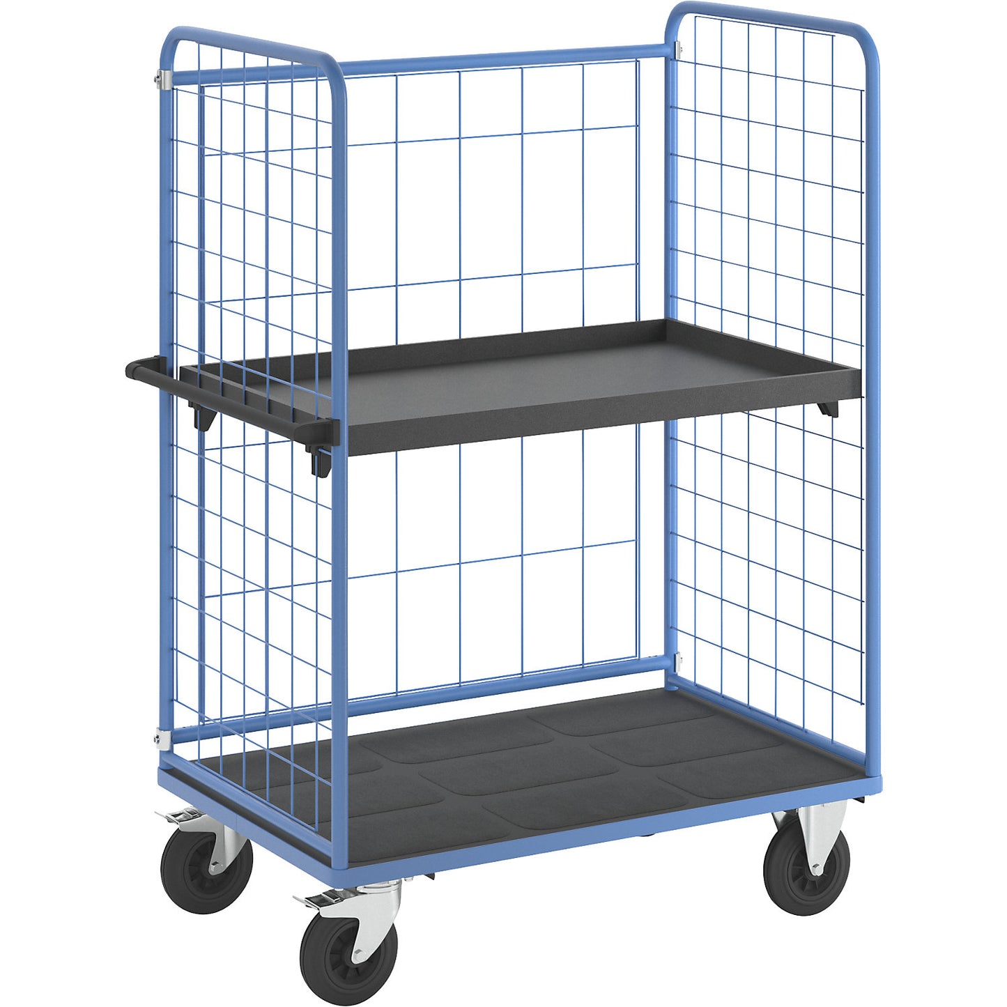Shelf truck, wire mesh on three sides, max. load 500 kg, solid rubber tyres, platform LxW 1175 x 755 mm, 2 levels, with rim.
