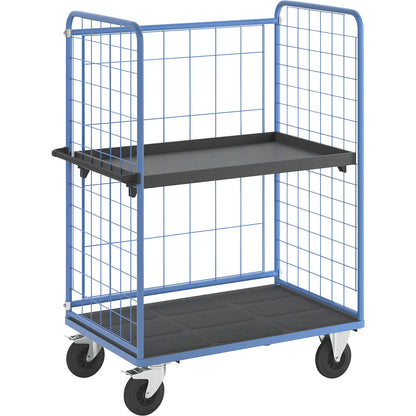 Shelf truck, wire mesh on three sides, max. load 500 kg, solid rubber tyres, platform LxW 1175 x 755 mm, 2 levels, with rim.