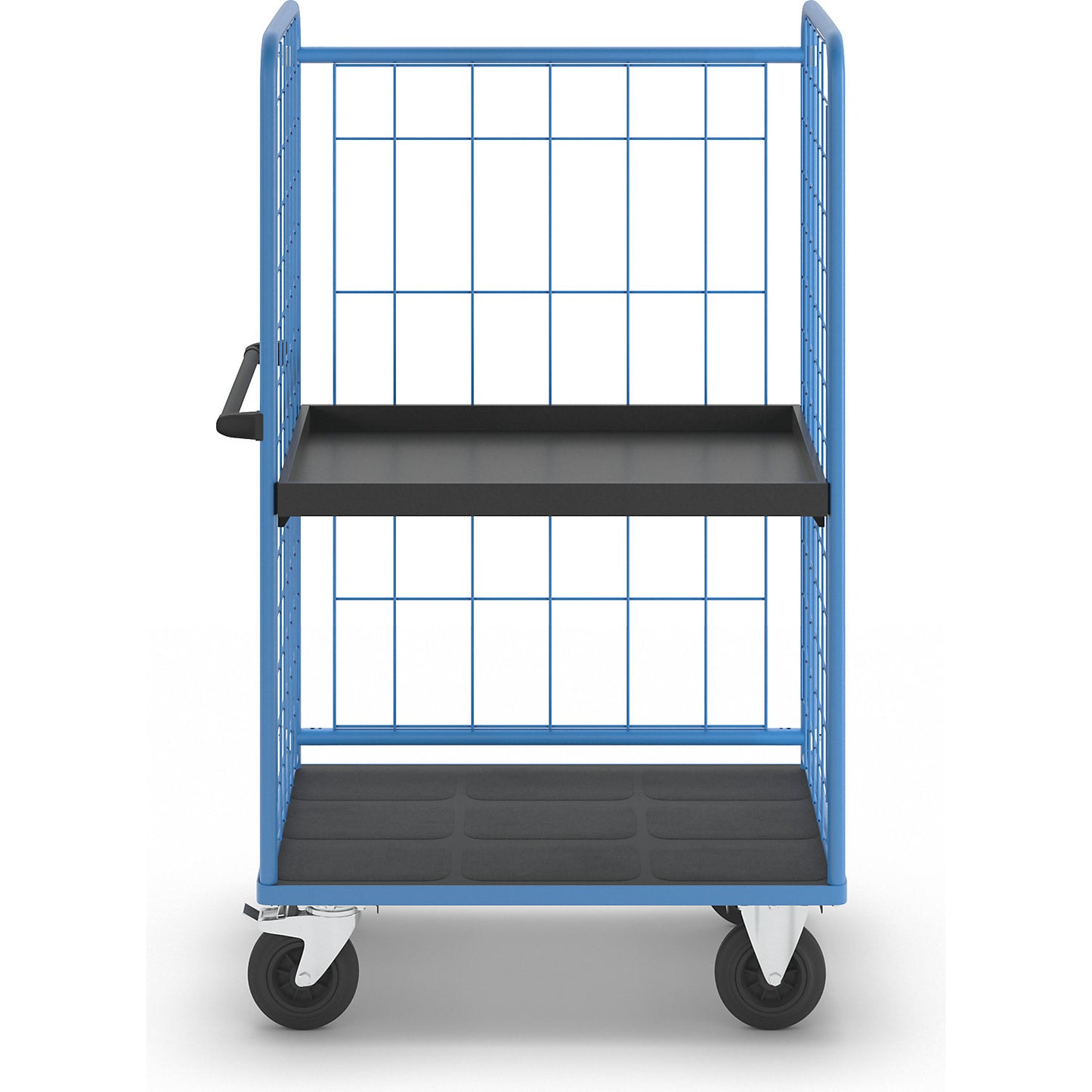 Shelf truck, wire mesh on three sides, max. load 500 kg, solid rubber tyres, platform LxW 975 x 630 mm, 2 levels, with rim.