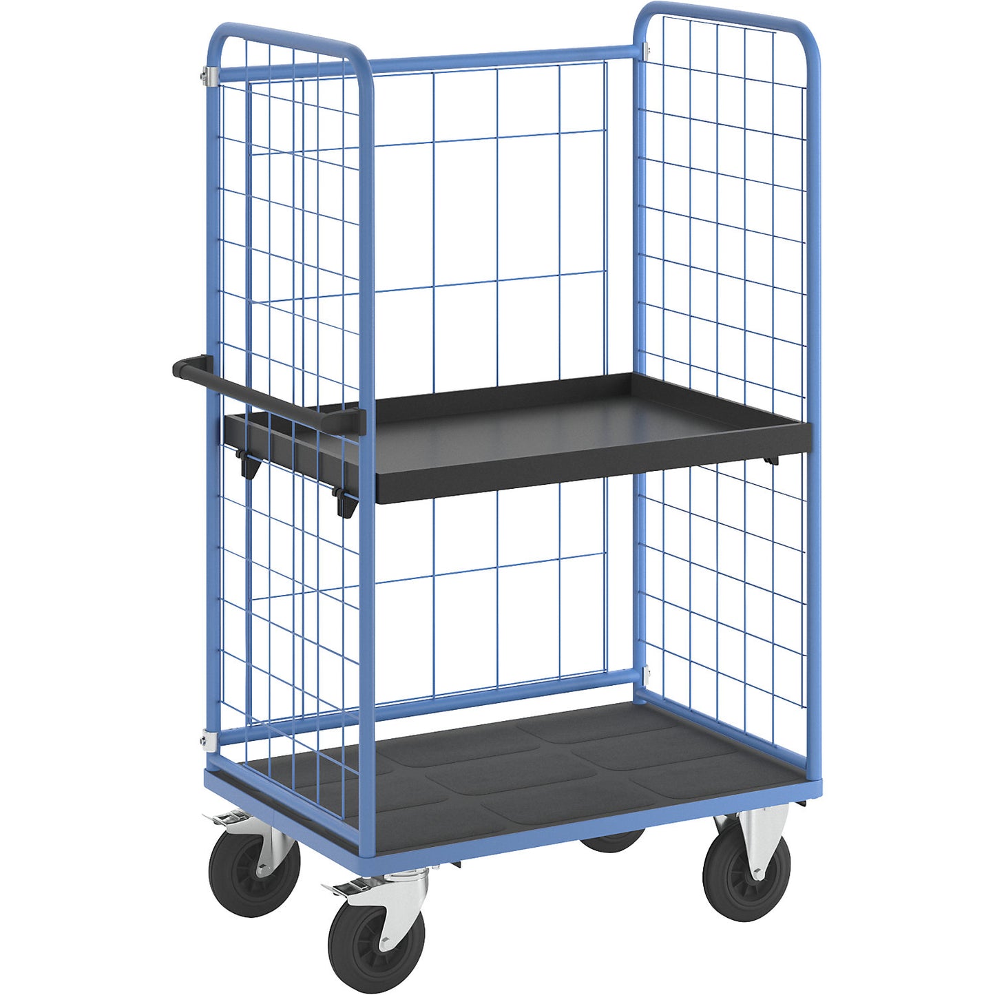 Shelf truck, wire mesh on three sides, max. load 500 kg, solid rubber tyres, platform LxW 975 x 630 mm, 2 levels, with rim.