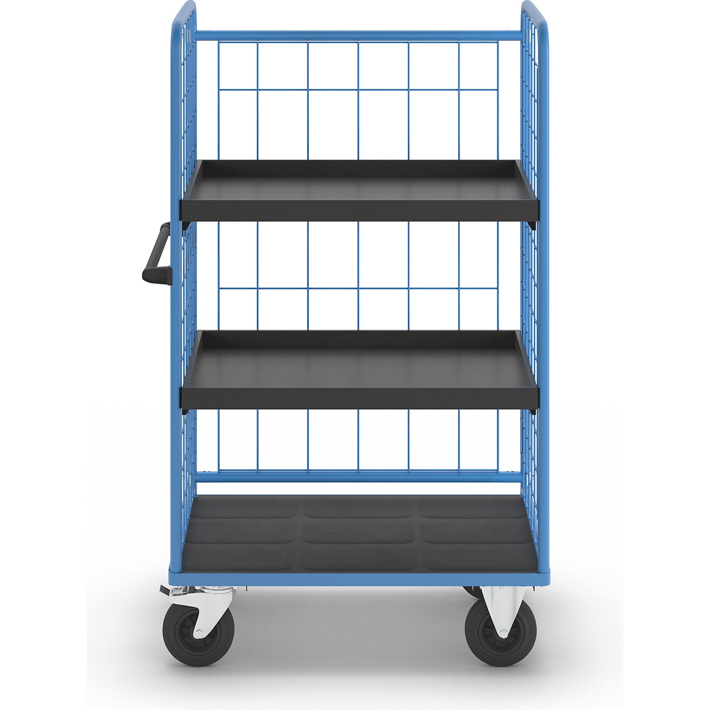 Shelf truck, wire mesh on three sides, max. load 500 kg, solid rubber tyres, platform LxW 975 x 630 mm, 3 levels, with rim.