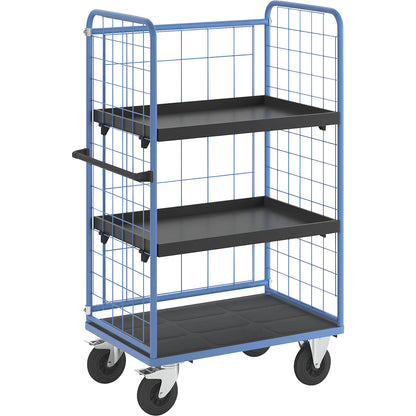 Shelf truck, wire mesh on three sides, max. load 500 kg, solid rubber tyres, platform LxW 975 x 630 mm, 3 levels, with rim.