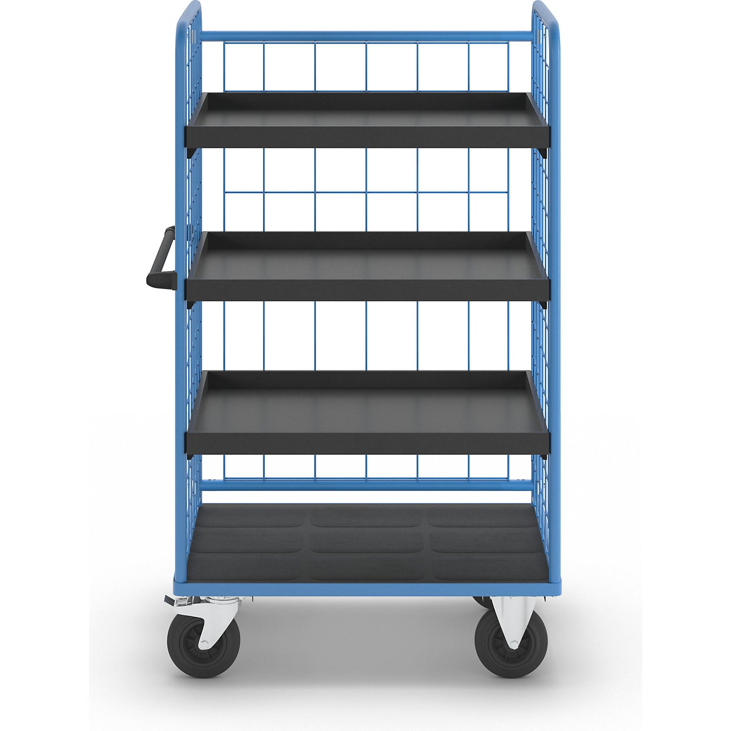 Shelf truck, wire mesh on three sides, max. load 500 kg, solid rubber tyres, platform LxW 975 x 630 mm, 4 levels, with edge.