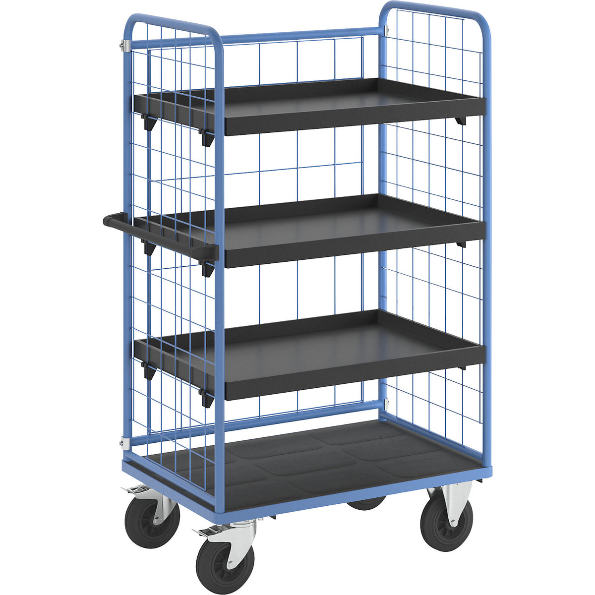 Shelf truck, wire mesh on three sides, max. load 500 kg, solid rubber tyres, platform LxW 975 x 630 mm, 4 levels, with edge.