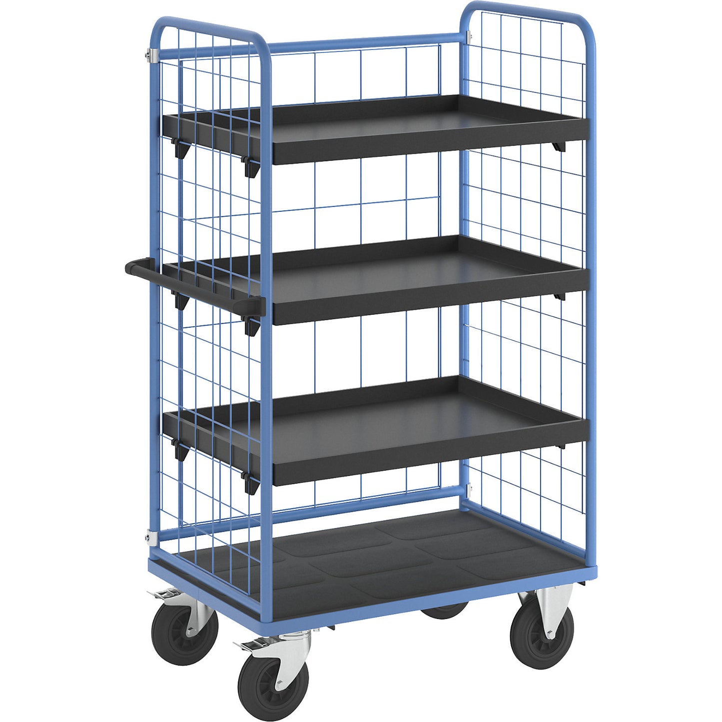 Shelf truck, wire mesh on three sides, max. load 500 kg, solid rubber tyres, platform LxW 975 x 630 mm, 4 levels, with edge.