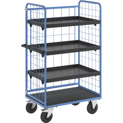 Shelf truck, wire mesh on three sides, max. load 500 kg, solid rubber tyres, platform LxW 975 x 630 mm, 4 levels, with edge.