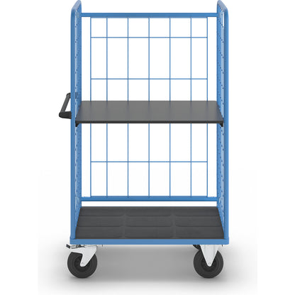 Shelf truck, wire mesh on three sides, max. load 500 kg, solid rubber tyres, platform LxW 975 x 630 mm, 2 levels.