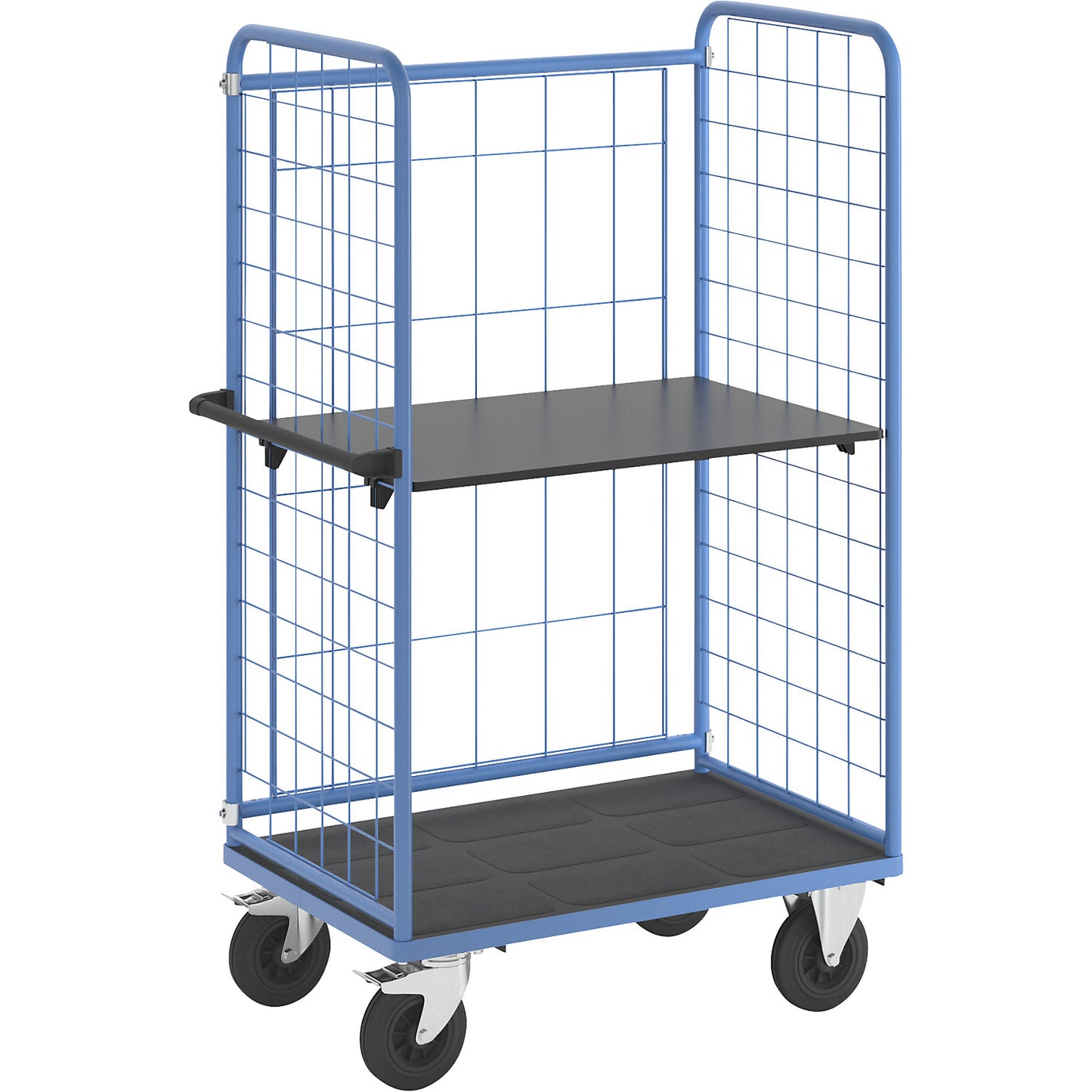 Shelf truck, wire mesh on three sides, max. load 500 kg, solid rubber tyres, platform LxW 975 x 630 mm, 2 levels.