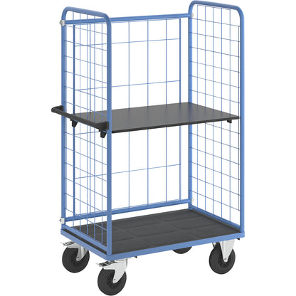 Shelf truck, wire mesh on three sides, max. load 500 kg, solid rubber tyres, platform LxW 975 x 630 mm, 2 levels.