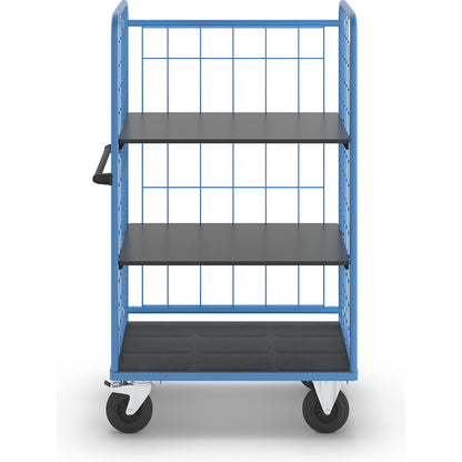 Shelf truck, wire mesh on three sides, max. load 500 kg, solid rubber tyres, platform LxW 975 x 630 mm, 3 levels.
