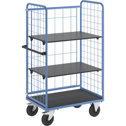 Shelf truck, wire mesh on three sides, max. load 500 kg, solid rubber tyres, platform LxW 975 x 630 mm, 3 levels.